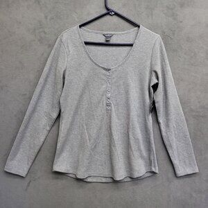 Eddie Bauer Womens Medium Waffle‎ Knit Henley Top Long Sleeve Gray Thermal NWT